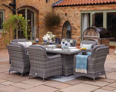 Lyon 6 Rattan Garden Chairs and Large Rectangular Fire Pit Dining Table in Grey