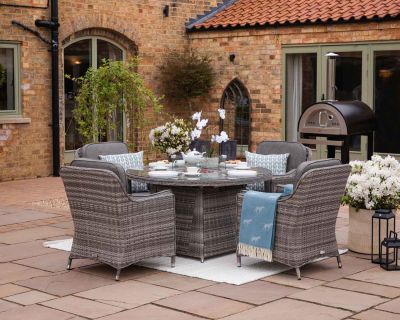 Lyon 4 Rattan Garden Chairs and Round Fire Pit Dining Table in Grey