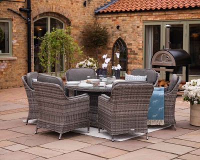 Lyon 6 Rattan Garden Chairs and Round Fire Pit Dining Table in Grey