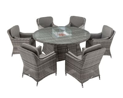 Lyon 6 Rattan Garden Chairs and Large Round Fire Pit Dining Table in Grey