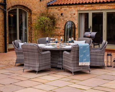 Lyon 6 Rattan Garden Chairs and Large Round Fire Pit Dining Table in Grey