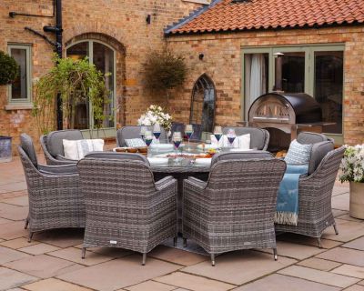 Lyon 8 Rattan Garden Chairs and Large Round Fire Pit Dining Table in Grey