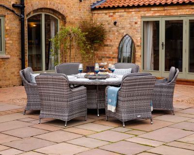 Lyon 6 Rattan Garden Dining Chairs and Large Round Table with Lazy Susan in Grey