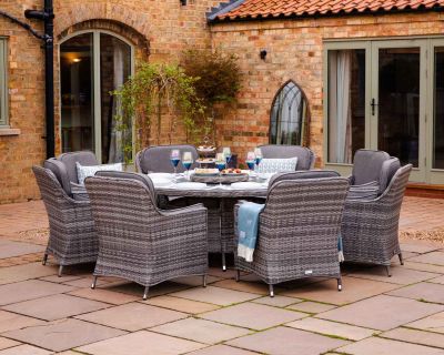 Lyon 8 Rattan Garden Dining Chairs and Large Round Table with Lazy Susan in Grey