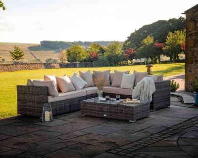 Monaco Rattan Garden Lefthand Corner Sofa Set in Premium Truffle Brown and Champagne