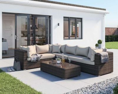 Monaco Rattan Garden Righthand Corner Sofa Set in Premium Truffle Brown and Champagne