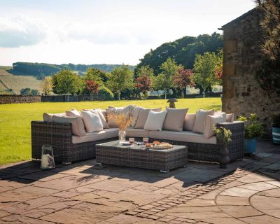 Monaco Rattan Garden Righthand Corner Sofa Set in Premium Truffle Brown and Champagne