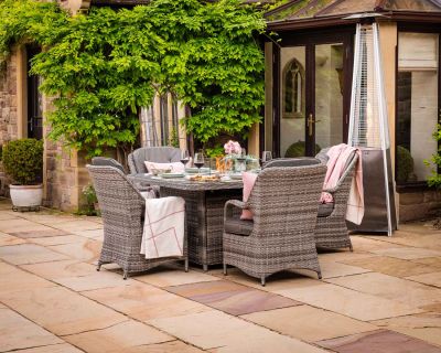 Marseille 4 Rattan Garden Chairs and Square Fire Pit Dining Table in Grey
