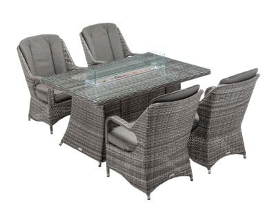 Marseille 4 Rattan Garden Chairs and Rectangular Fire Pit Dining Table in Grey