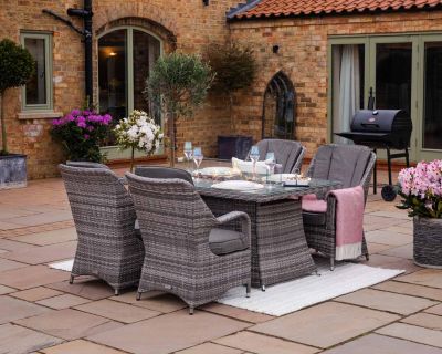 Marseille 4 Rattan Garden Chairs and Rectangular Fire Pit Dining Table in Grey