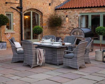 Marseille 6 Rattan Garden Chairs and Rectangular Fire Pit Dining Table in Grey