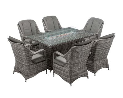 Marseille 6 Rattan Garden Chairs and Rectangular Fire Pit Dining Table in Grey