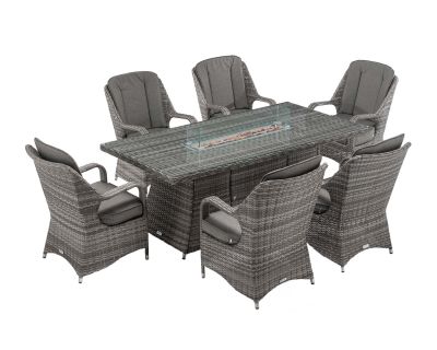 Marseille 6 Rattan Garden Chairs and Large Rectangular Fire Pit Dining Table in Grey