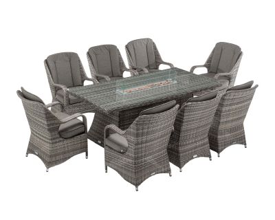 Marseille 8 Rattan Garden Chairs and Large Rectangular Fire Pit Dining Table in Grey