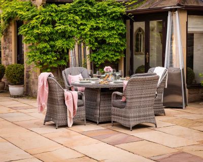 Marseille 4 Rattan Garden Chairs and Round Fire Pit Dining Table in Grey