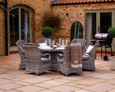Marseille 6 Rattan Garden Chairs and Round Fire Pit Dining Table in Grey