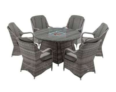 Marseille 6 Rattan Garden Chairs and Round Fire Pit Dining Table in Grey