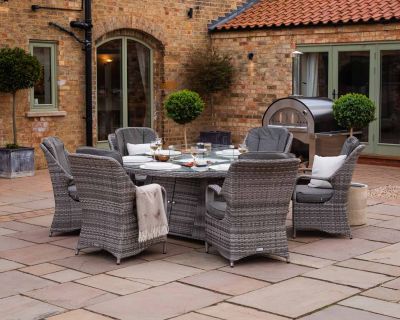 Marseille 6 Rattan Garden Chairs and Large Round Fire Pit Dining Table in Grey