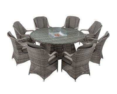 Marseille 8 Rattan Garden Chairs and Large Round Fire Pit Dining Table in Grey