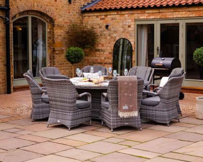 Marseille 8 Rattan Garden Chairs and Large Round Fire Pit Dining Table in Grey