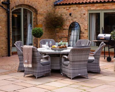 Marseille 6 Rattan Garden Dining Chairs and Large Round Table with Lazy Susan in Grey