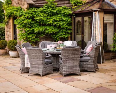 Marseille 8 Rattan Garden Dining Chairs and Large Round Table with Lazy Susan in Grey