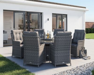 Riviera 6 Rattan Garden Dining Chairs and Large Round Table Set in Grey
