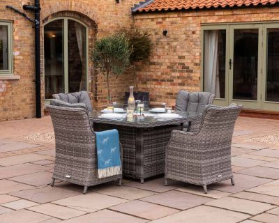 Riviera 4 Rattan Garden Chairs and Square Fire Pit Dining Table in Grey