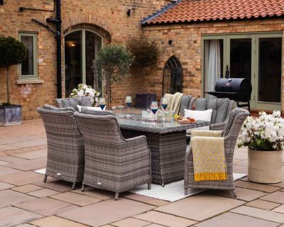 Riviera 6 Rattan Garden Chairs and Rectangular Fire Pit Dining Table in Grey