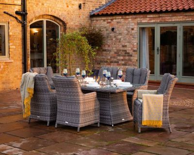 Riviera 6 Rattan Garden Chairs and Large Rectangular Fire Pit Dining Table in Grey