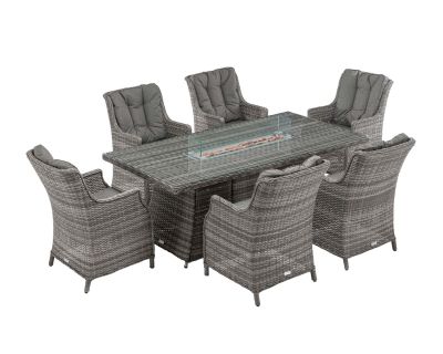 Riviera 6 Rattan Garden Chairs and Large Rectangular Fire Pit Dining Table in Grey
