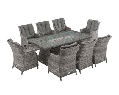 Riviera 8 Rattan Garden Chairs and Large Rectangular Fire Pit Dining Table in Grey