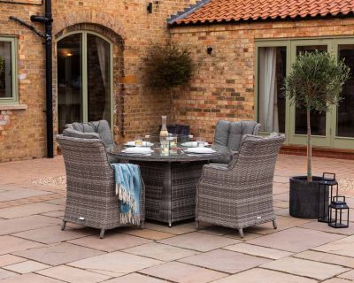Riviera 4 Rattan Garden Chairs and Round Fire Pit Dining Table in Grey