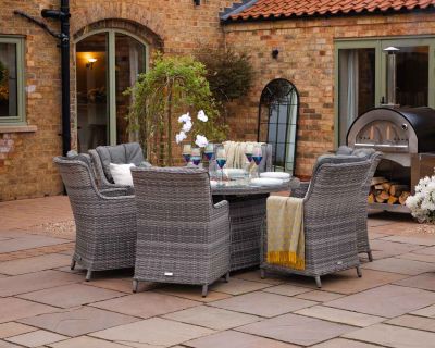 Riviera 6 Rattan Garden Chairs and Round Fire Pit Dining Table in Grey