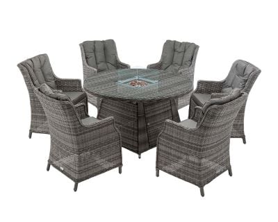 Riviera 6 Rattan Garden Chairs and Round Fire Pit Dining Table in Grey