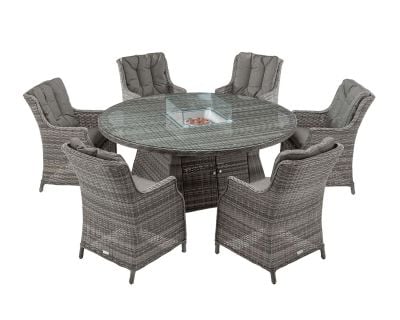 Riviera 6 Rattan Garden Chairs and Large Round Fire Pit Dining Table in Grey