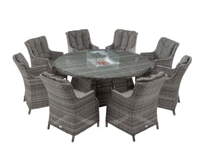 Riviera 8 Rattan Garden Chairs and Large Round Fire Pit Dining Table in Grey