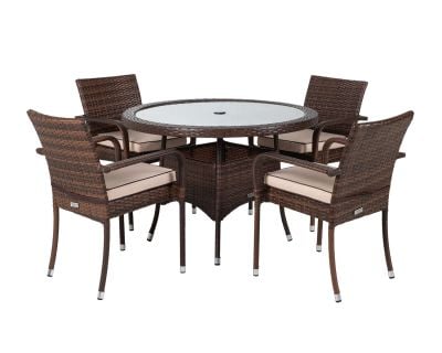 Roma 4 Rattan Garden Chairs and Small Round Dining Table Set in Chocolate and Cream