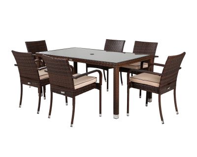 Roma 6 Rattan Garden Chairs and Open Leg Rectangular Dining Table Set in Chocolate Mix and Coffee Cream