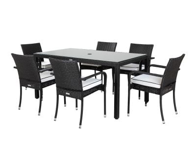 Roma 6 Rattan Garden Chairs and Open Leg Rectangular Table Set in Black and Vanilla