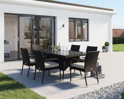 Roma 6 Rattan Garden Chairs and Rectangular Table Set in Black & Vanilla