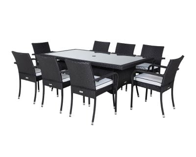 Roma 8 Rattan Garden Chairs and Rectangular Dining Table Set in Black and Vanilla