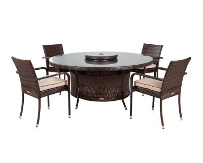 Roma 4 Rattan Garden Chairs, Large Round Table and Lazy Susan Set in Chocolate and Cream
