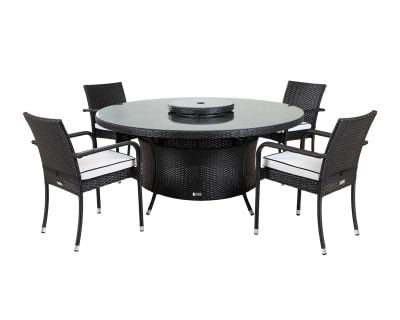 Roma 4 Rattan Garden Chairs, Large Round Dining Table and Lazy Susan Set in Black and Vanilla