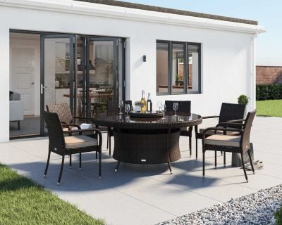 Roma 6 Rattan Garden Chairs, Large Round Table and Lazy Susan Set in Chocolate and Cream