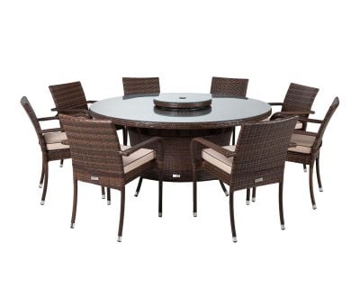Roma 8 Rattan Garden Chairs, Large Round Dining Table and Lazy Susan Set in Chocolate and Cream