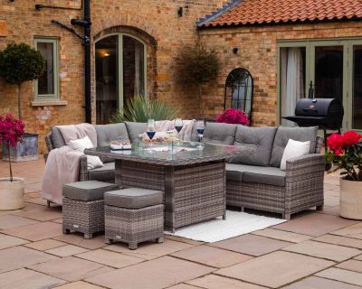 Sorrento Rattan Garden Corner Dining Set with Square Fire Pit Table in Grey