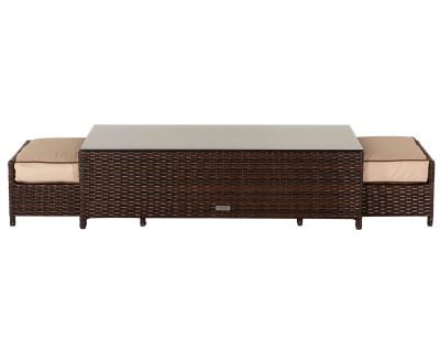 Ascot Rattan Garden Coffee Table with 2 Footstools in Chocolate Mix and Coffee Cream