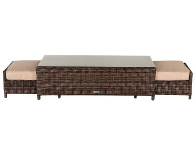 Ascot Rattan Garden Coffee Table with 2 Footstools in Premium Truffle Brown and Champagne