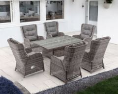Fiji 6 Reclining Rattan Garden Dining Chairs and Rectangular Table in Grey